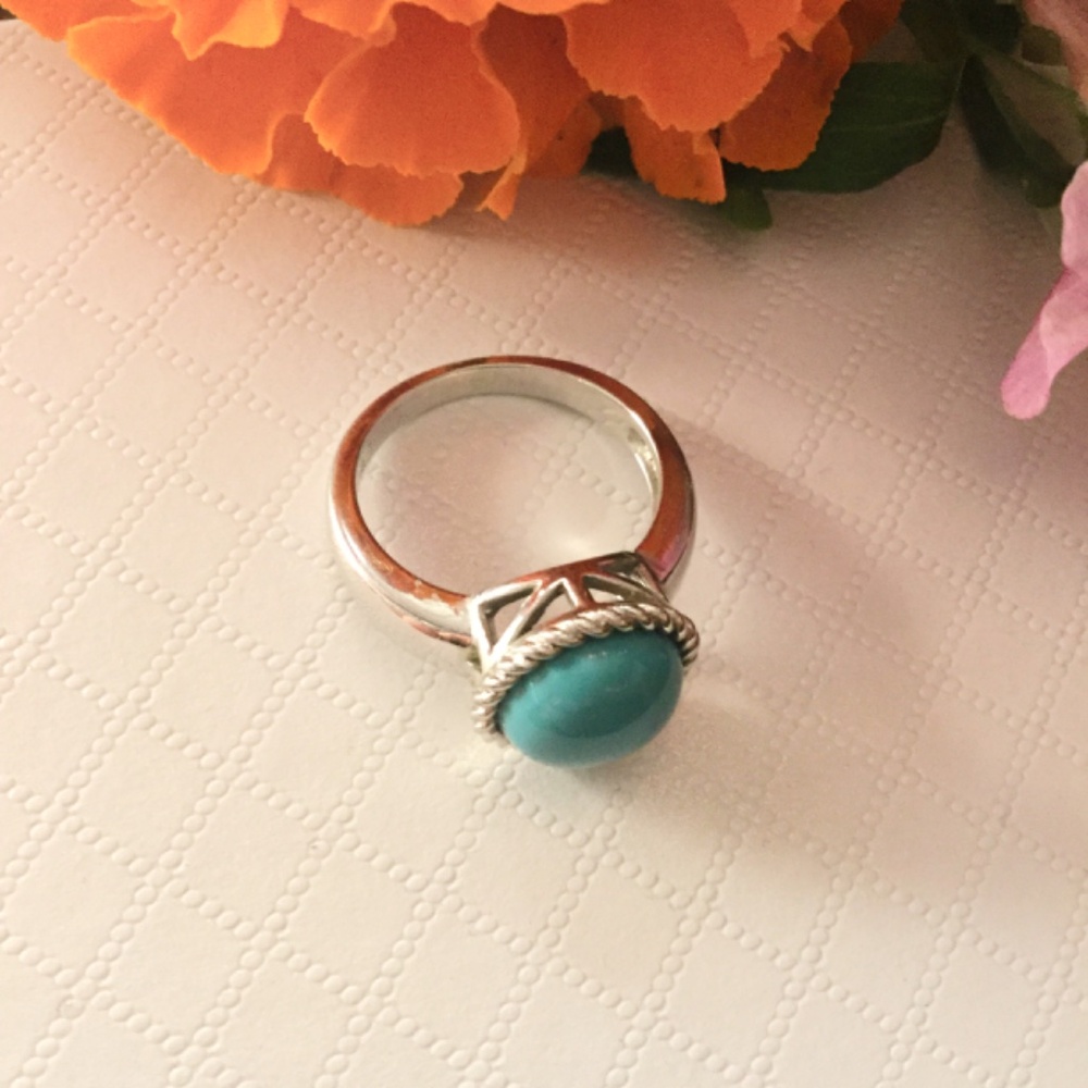 925 sterling silver Simulated Turquoise rhodium plated ring – size 6 - Picture 2 of 4